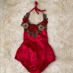 SILKY Red Halter Floral Onesie Size 12-18 M NWOT
